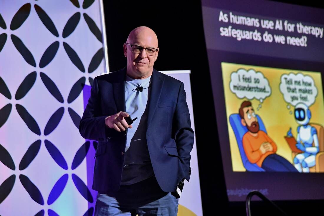 Paul Gibbons keynoting on AI adoption from a Las Vegas stage